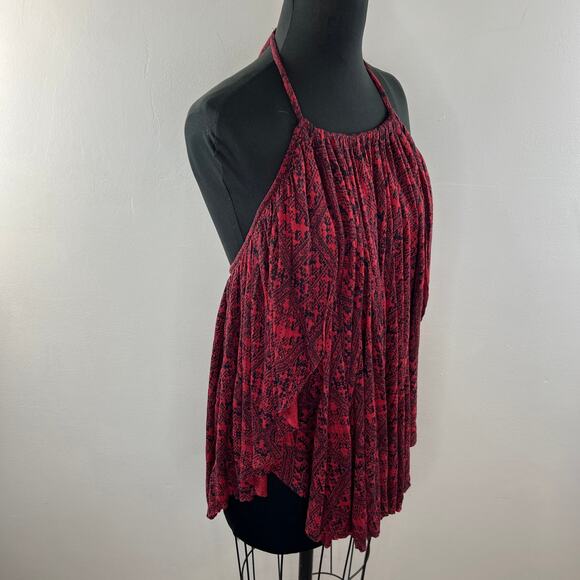 FREE PEOPLE Burgundy Blouse Viscose Asymmetric Printed Back Double Dutch S Small - Picture 4 of 8